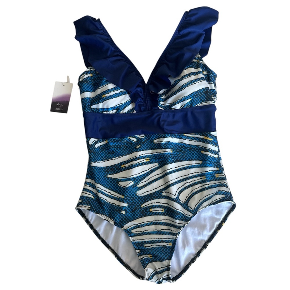 NWT Averie Swim Medium Ruffle Plunge One Piece Swimsuit Blue Abstract